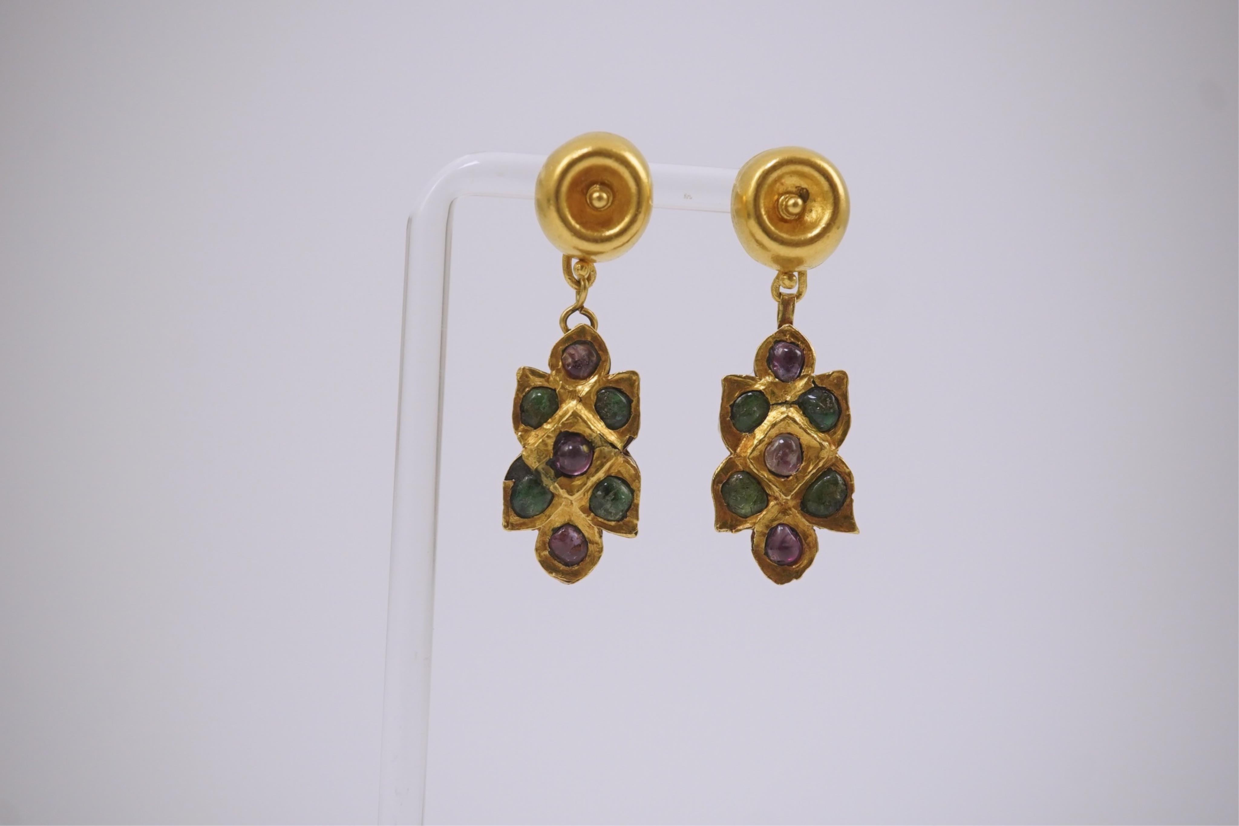 A pair of modern Italian Indian style 18k gold and cabochon gem set cluster drop earrings, retailed by Massimo Maria Melis, Rome